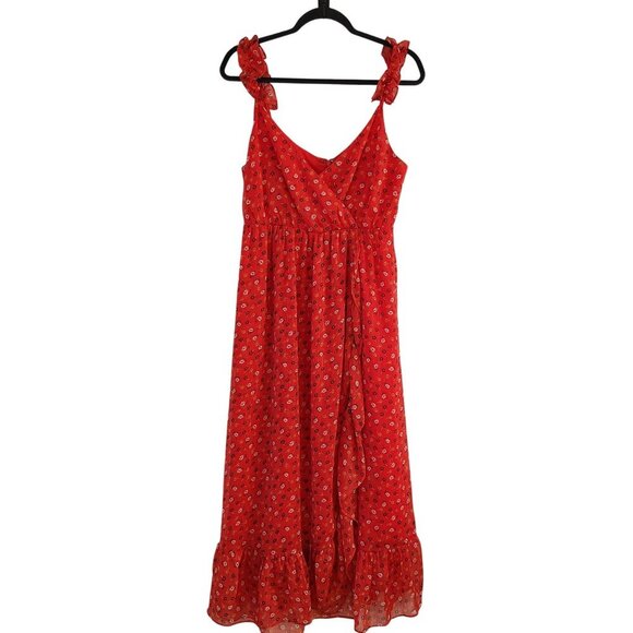 Madewell Ruffle-Strap Wrap Dress Red Midi Floral Print Summer Women's 6 - Picture 2 of 12